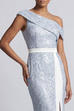 Robe midi de la mère de la mariée à une épaule Sequins bleu poussiéreux