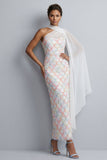 Robe midi de la mère de la mariée à une épaule avec une seule cape de sirène bleu clair