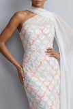 Robe midi de la mère de la mariée à une épaule avec une seule cape de sirène bleu clair