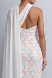 Robe midi de la mère de la mariée à une épaule avec une seule cape de sirène bleu clair