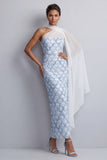 Robe midi de la mère de la mariée à une épaule avec une seule cape de sirène bleu clair