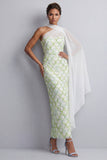 Robe midi de la mère de la mariée à une épaule avec une seule cape de sirène bleu clair