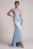 Bleu ciel sirène à paillettes à col batout, longue robe de la mère de la mariée