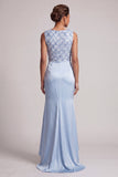 Bleu ciel sirène à paillettes à col batout, longue robe de la mère de la mariée
