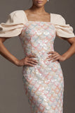 Robe Midi Mother Of the Bride Sequins Vert Clair Sirène avec manches bouffantes