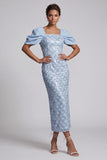 Robe Midi Mother Of the Bride Sequins Vert Clair Sirène avec manches bouffantes
