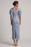 Robe Midi Mother Of the Bride Sequins Vert Clair Sirène avec manches bouffantes
