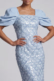 Robe Midi Mother Of the Bride Sequins Vert Clair Sirène avec manches bouffantes