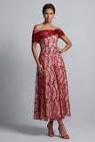 Robe rouge décollée sur les épaules Sequins ligne A Midi Mother Of the Bride
