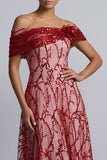Robe rouge décollée sur les épaules Sequins ligne A Midi Mother Of the Bride