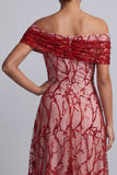 Robe rouge décollée sur les épaules Sequins ligne A Midi Mother Of the Bride