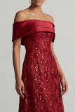 Robe midi Mother Of the Bride Rouge A-Line Off the Shoulder avec paillettes