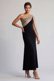 Robe noire et rouge sirène midi à une épaule avec paillettes