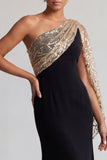 Robe noire et rouge sirène midi à une épaule avec paillettes