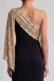 Robe noire et rouge sirène midi à une épaule avec paillettes