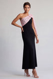 Robe noire et rouge sirène midi à une épaule avec paillettes