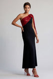 Robe noire et rouge sirène midi à une épaule avec paillettes