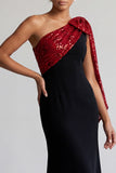 Robe noire et rouge sirène midi à une épaule avec paillettes