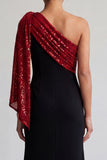 Robe noire et rouge sirène midi à une épaule avec paillettes