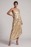 Robe sirène argentée à une épaule asymétrique Midi Mother Of the Bride avec paillettes