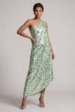 Robe sirène argentée à une épaule asymétrique Midi Mother Of the Bride avec paillettes