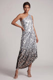 Robe sirène argentée à une épaule asymétrique Midi Mother Of the Bride avec paillettes