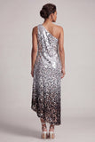 Robe sirène argentée à une épaule asymétrique Midi Mother Of the Bride avec paillettes
