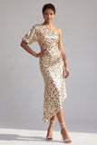 Sirène Champagne Une épaule Sequins asymétriques asymétriques Robe midi Mère de la mariée
