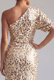 Sirène Champagne Une épaule Sequins asymétriques asymétriques Robe midi Mère de la mariée