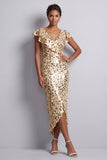 Robe de la mère de la mariée en argent sirène à col en V asymétrique à paillettes midi avec volants