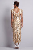 Robe de la mère de la mariée en argent sirène à col en V asymétrique à paillettes midi avec volants