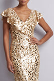 Robe de la mère de la mariée en argent sirène à col en V asymétrique à paillettes midi avec volants