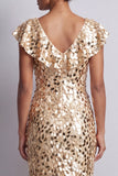 Robe de la mère de la mariée en argent sirène à col en V asymétrique à paillettes midi avec volants