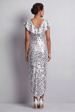 Robe de la mère de la mariée en argent sirène à col en V asymétrique à paillettes midi avec volants