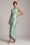 Robe midi de mère de la mariée à col rond asymétrique sirène verte scintillante avec paillettes