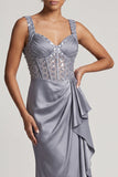 Corset Sirène Blanche Sequins Froncés Robe Midi Mère de la Mariée avec Volants