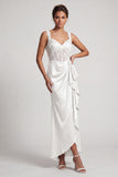 Corset Sirène Blanche Sequins Froncés Robe Midi Mère de la Mariée avec Volants