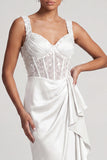 Corset Sirène Blanche Sequins Froncés Robe Midi Mère de la Mariée avec Volants