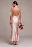 Robe midi midi satin satin rose foncé à col nu dos, avec nœud