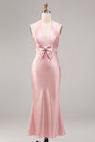 Robe midi midi satin satin rose foncé à col nu dos, avec nœud