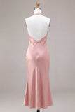 Robe midi midi satin satin rose foncé à col nu dos, avec nœud