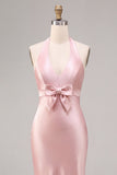 Robe midi midi satin satin rose foncé à col nu dos, avec nœud
