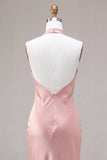 Robe midi midi satin satin rose foncé à col nu dos, avec nœud