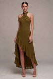 Robe Midi en chiffon olive ligne A à col nu avec volants