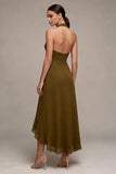 Robe Midi en chiffon olive ligne A à col nu avec volants