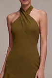 Robe Midi en chiffon olive ligne A à col nu avec volants