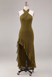 Robe Midi en chiffon olive ligne A à col nu avec volants