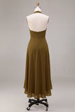 Robe Midi en chiffon olive ligne A à col nu avec volants