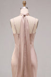 Robe Maxi à bretelles fines en satin rose poussiéreuse avec foulard au col