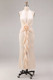 Robe midi à col hrosso à volants en abricot abricot en chiffon et sirène à volants avec fleur 3D